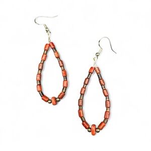 Native American Sterling Silver Coral Drop Hoop Earrings by Shirley Pena 2”